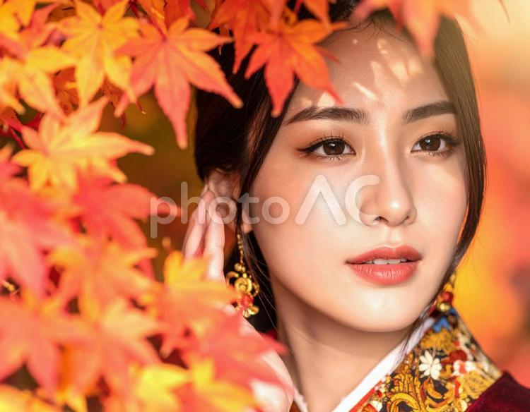 美しい秋の紅葉と日本人女性モデル　秋4 秋,紅葉,日本人女性の写真素材