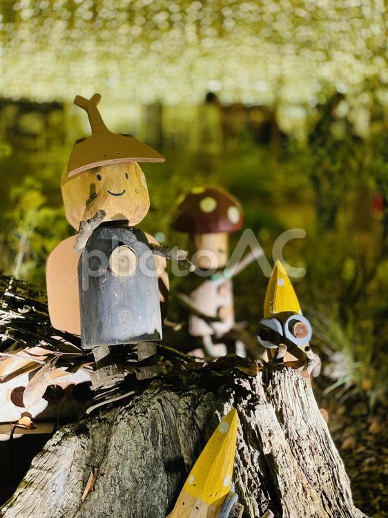 木の上に立つ木製作品 木製,人形,夜の写真素材