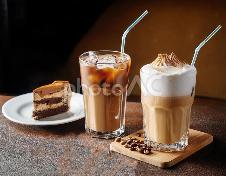 アイスカフェラテとチョコレートケーキ チョコレートケーキ,アイスカフェラテ,コーヒーの写真素材
