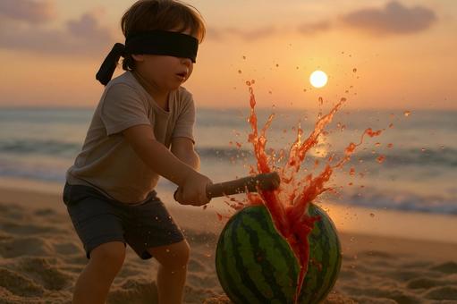 夕陽のスイカ割り 夕陽のスイカ割りの写真