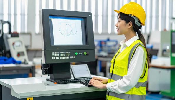 工場の三次元測定機を使う作業服の女性 工場の三次元測定機を使う作業服の女性の写真