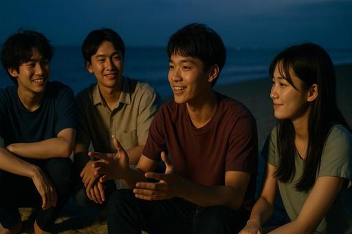 夜の海辺で語り合う友人 夜の海辺で語り合う友人の写真