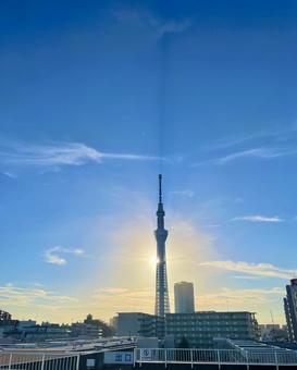 輝く夕日とスカイツリー 輝く夕日とスカイツリーの写真