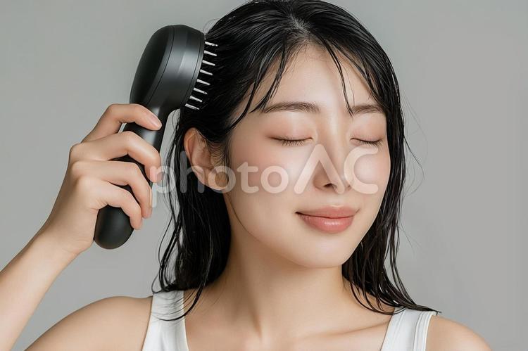 電気ブラシで頭皮ケアをする女性 電気ブラシ,ems,頭皮ケアの写真素材