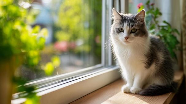 窓辺で外を見つめる可愛い猫 窓辺で外を見つめる可愛い猫の写真