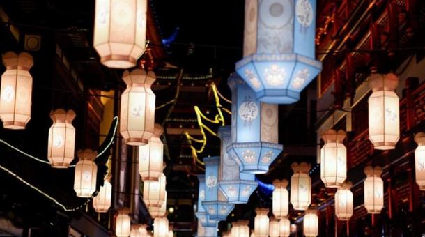 Floating lights in a traditional Chinese street, JPG