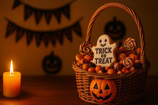 キャンドルとハロウィンのお菓子バスケットの写真