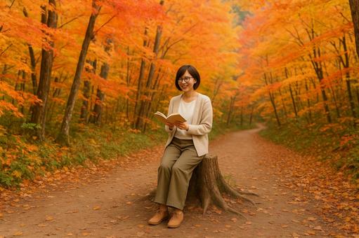 山道で本を読む女性 山道で本を読む女性の写真