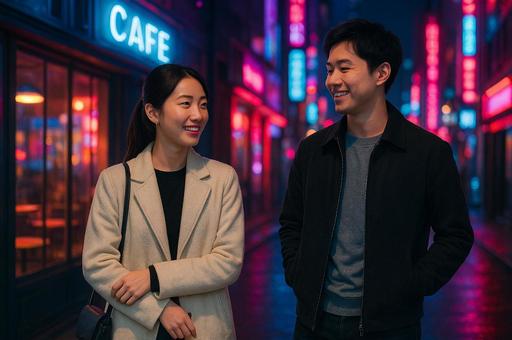 ネオン街を歩く男女 ネオン街を歩く男女の写真
