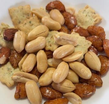 Photo, mixed nuts, small grains of hail, nori sesame, 