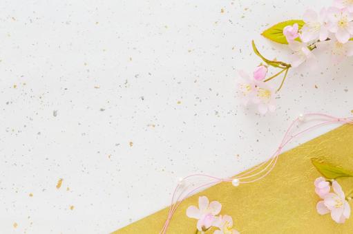 桜と金箔の入った和紙と水引の背景素材 桜,和紙,白の写真素材
