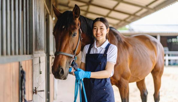 厩舎を掃除する女性厩務員 厩舎を掃除する女性厩務員の写真