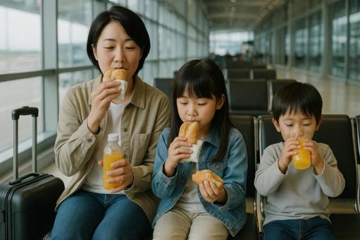 空港のベンチで軽食を取る日本人親子 空港のベンチで軽食を取る日本人親子の写真