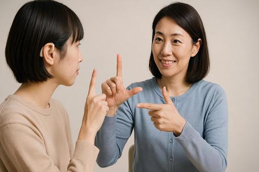 目と耳が聞こえない人へ手話指導・聴覚障害の写真