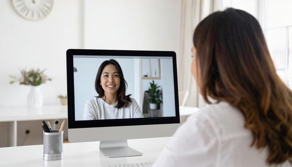 カメラ目線で会話する女性の写真