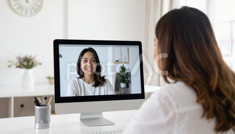 カメラ目線で会話する女性 面談,インタビュー,取材の写真素材