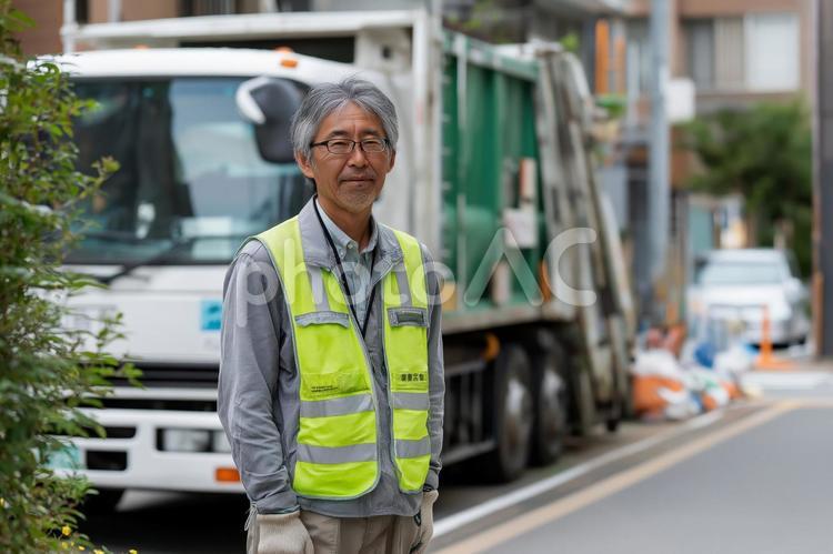 ごみ収集の職員とゴミ収集・産業廃棄物 ごみ,収集,収集車の写真素材