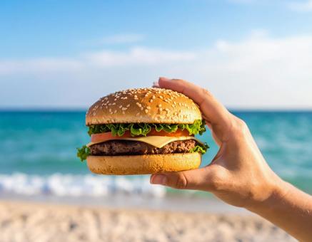 夏のビーチでハンバーガー 夏のビーチでハンバーガーの写真