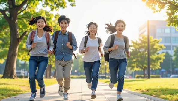 ライバル 笑顔でスタートダッシュする学生 ライバル 笑顔でスタートダッシュする学生の写真