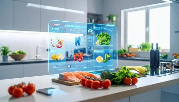 キッチンにホログラム　食材の接写の写真