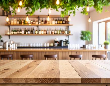 木製カウンターとガラス照明が素敵なバーの写真