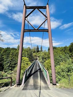 吊り橋の入口から見た青空 吊り橋の入口から見た青空 吊り橋,つり橋,吊橋の写真素材