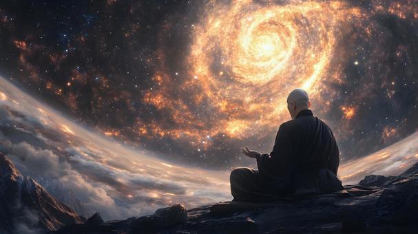 A monk meditating from behind and a space landscape, prayer, meditation, monk, JPG