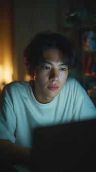 深夜にパソコンで集中して作業する若い男性 深夜にパソコンで集中して作業する若い男性の写真
