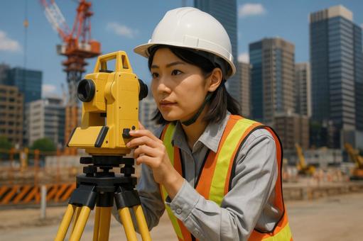 測量中の女性技術者 測量中の女性技術者の写真