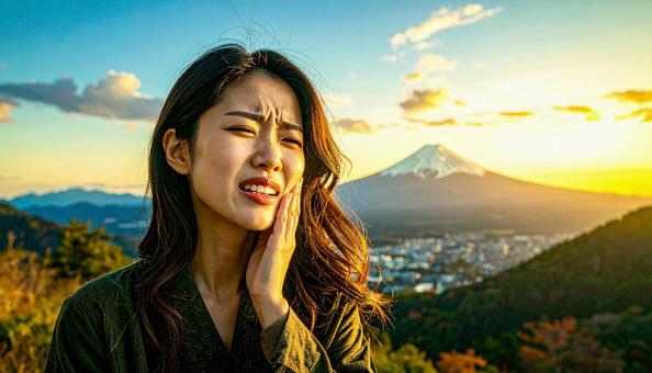歯が痛んで手で押さえる女性 歯が痛んで手で押さえる女性の写真