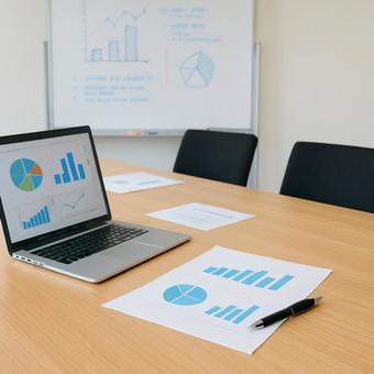PCと資料が置かれた会議テーブルとボード PCと資料が置かれた会議テーブルとボードの写真