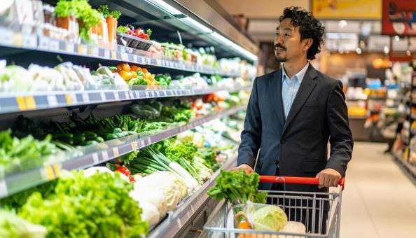 スーパーで野菜を買う日本人ビジネスマン スーパーで野菜を買う日本人ビジネスマンの写真