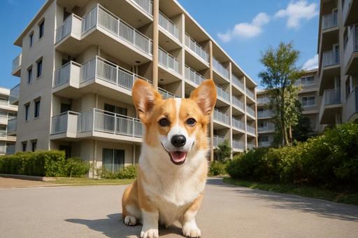 マンション前で笑顔のコーギーが座っている マンション前で笑顔のコーギーが座っているの写真
