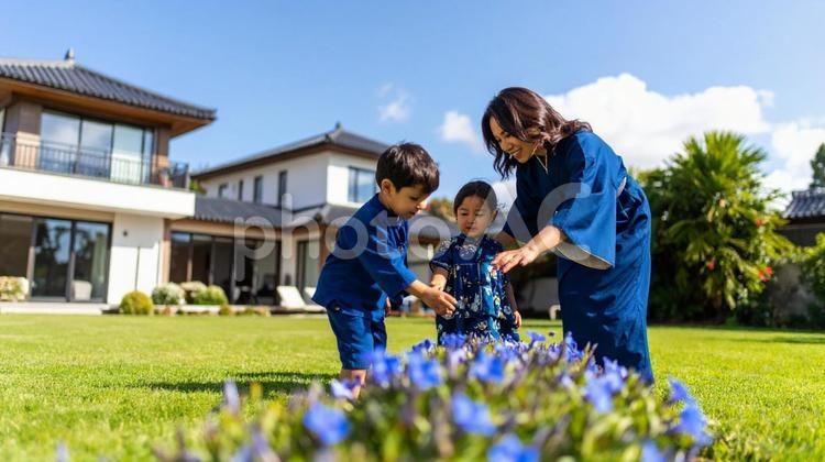 リンドウの庭と家族#01Ai リンドウ,庭,広い庭の写真素材