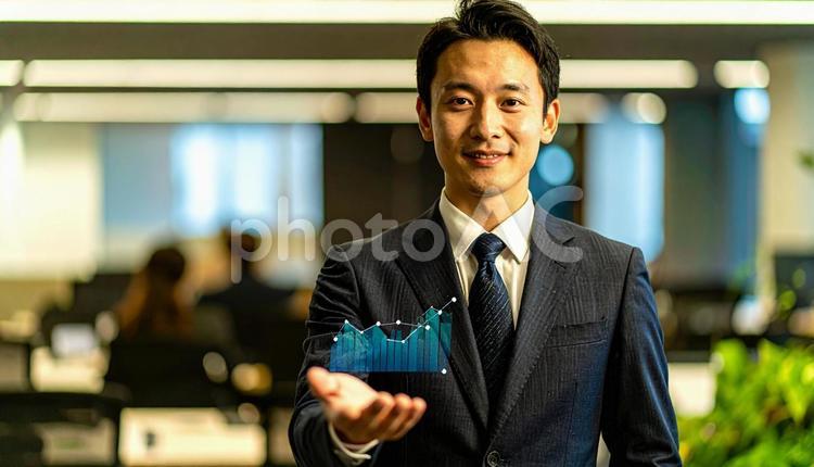 右上がりのグラフを片手に持つビジネスマン 右上がり,成長,グラフの写真素材