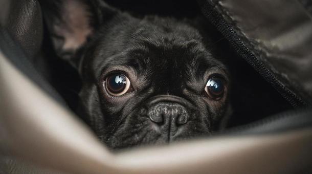 のぞき見する黒いフレンチブルドッグ・愛犬の写真