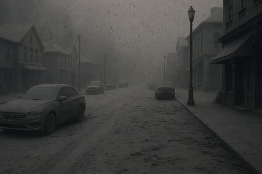 降灰に覆われた街の写真