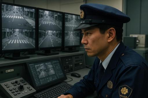 防犯カメラを確認する警察官 防犯カメラを確認する警察官の写真