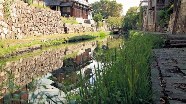 初秋の八幡堀沿いの白壁の土蔵と遊覧船 初秋の八幡堀沿いの白壁の土蔵と遊覧船 八幡堀,初秋,白壁の写真素材