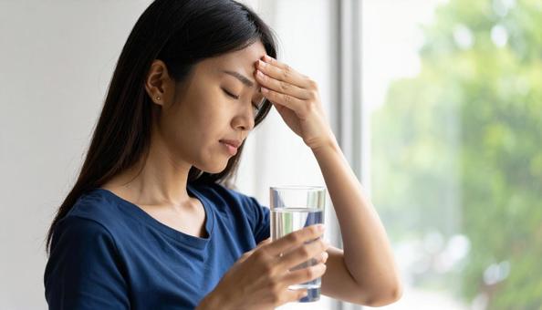 夏の朝、偏頭痛・目眩・倦怠感に悩む女性 夏の朝、偏頭痛・目眩・倦怠感に悩む女性の写真