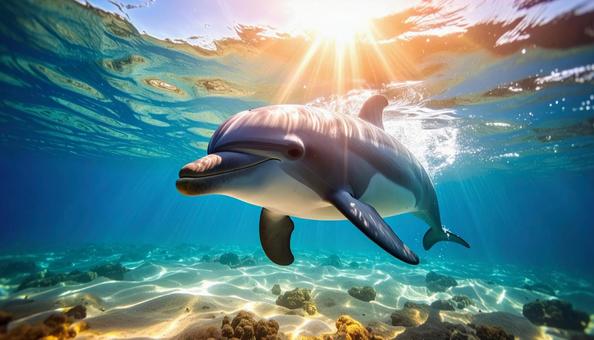 太陽の光が降り注ぐ海で遊ぶイルカ 太陽の光が降り注ぐ海で遊ぶイルカの写真