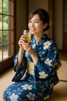A woman in a yukata enjoying a cold drink indoors, yukata, female, japanese style room, JPG