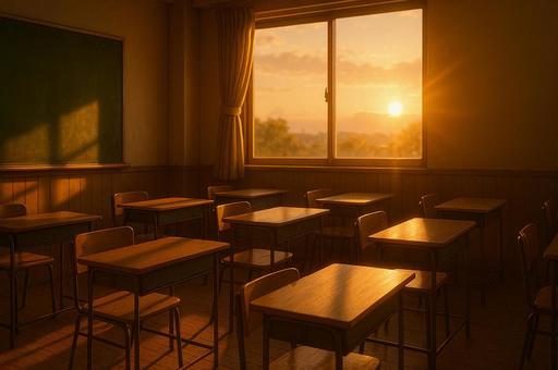 夕日が差し込む学校の教室 夕日が差し込む学校の教室の写真