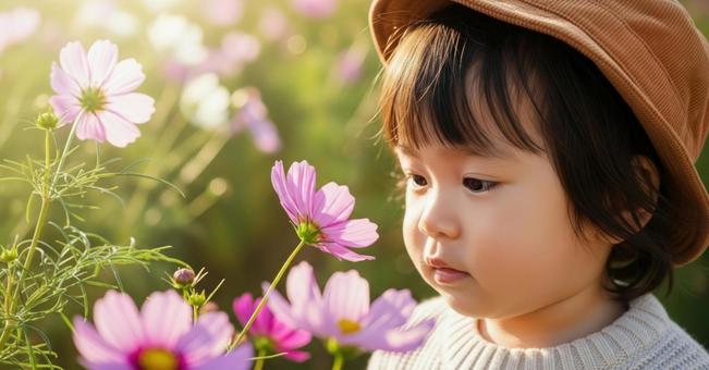 コスモスを見つめる子供のクローズアップ コスモスを見つめる子供のクローズアップの写真