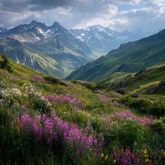 色鮮やかな高山植物と雄大な山々の風景 色鮮やかな高山植物と雄大な山々の風景の写真