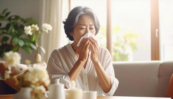 ティッシュで鼻をかむ日本人のシニア女性の写真