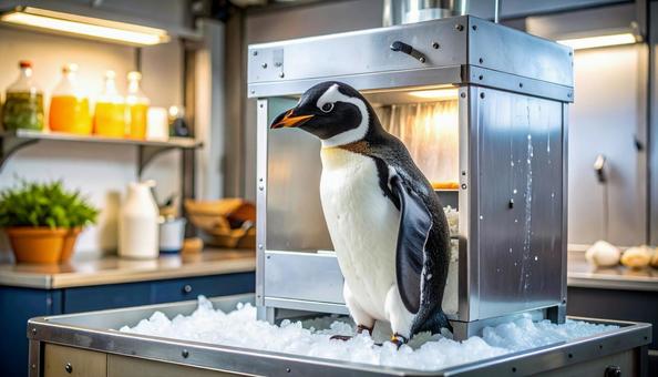 暑すぎて製氷機の前で涼むペンギン 暑すぎて製氷機の前で涼むペンギンの写真