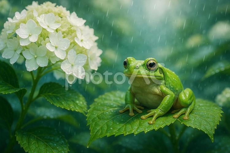 白い紫陽花とかえると雨 かえる,葉,紫陽花の写真素材