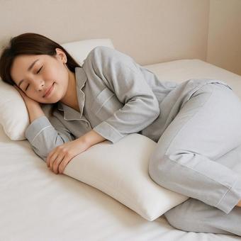 横向きで膝に枕を挟んで寝る女性の写真