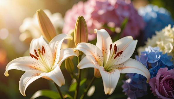 6月誕生花 ユリ、アジサイ、バーベナ 6月誕生花 ユリ、アジサイ、バーベナの写真